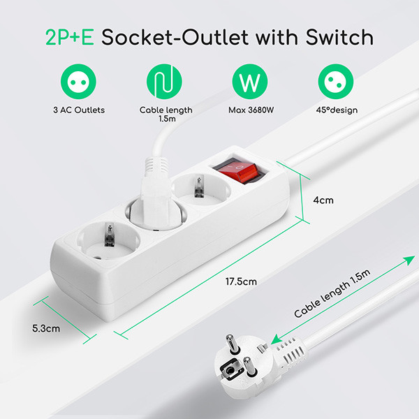 123led Stekkerdoos 3-voudig met schakelaar | 1.5 meter | Wit  LDR06442 - 3