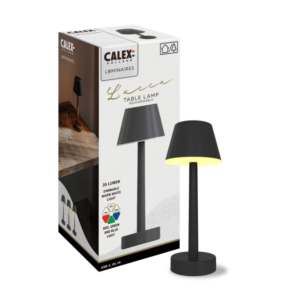 Calex oplaadbare tafellamp | Lucca | 3000K, Rood, Groen, Blauw | Dimbaar | IP54 | Zwart  LCA01035 - 1