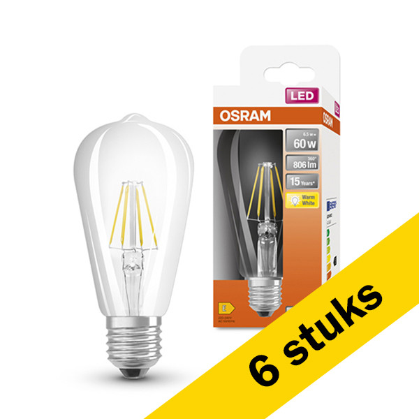 Osram Aanbieding: 6x Osram LED lamp E27 | Edison ST64 | Filament | Helder | 2700K | 6.5W (60W)  LOS00213 - 1