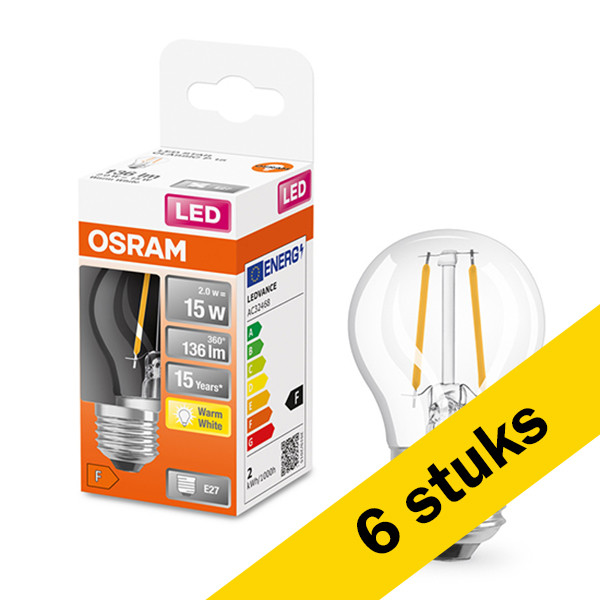 Osram Aanbieding: 6x Osram LED lamp E27 | Kogel P45 | Filament | Helder | 2700K | 1.5W (15W)  LOS00179 - 1