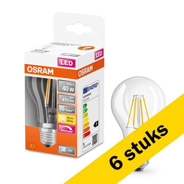 Osram Aanbieding: 6x Osram LED lamp E27 | Peer A60 | Filament | 2700K | Helder | Dimbaar | 4.8W (40W)  LOS00027 - 1