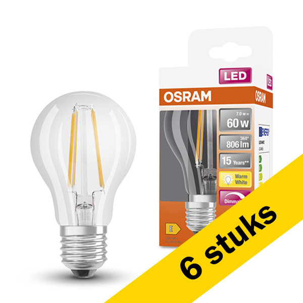 Osram Aanbieding: 6x Osram LED lamp E27 | Peer A60 | Filament | 2700K | Helder | Dimbaar | 7W (60W)  LOS00029 - 1