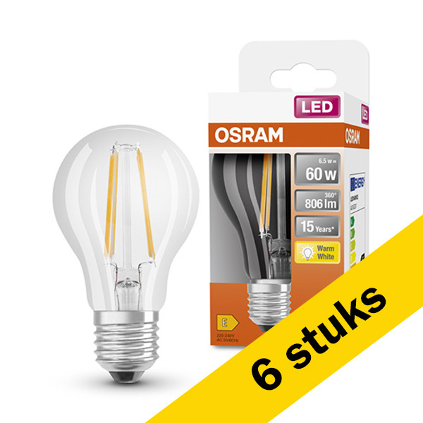 Osram Aanbieding: 6x Osram LED lamp E27 | Peer A60 | Filament | Helder | 2700K | 6.5W (60W)  LOS00077 - 1