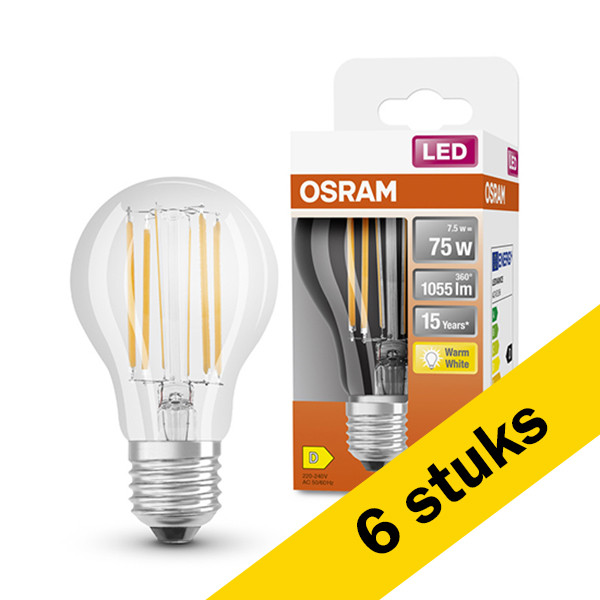 Osram Aanbieding: 6x Osram LED lamp E27 | Peer A60 | Filament | Helder | 2700K | 7.5W (75W)  LOS00081 - 1