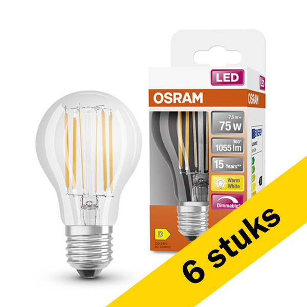Osram Aanbieding: 6x Osram LED lamp E27 | Peer A60 | Filament | Helder | 2700K | Dimbaar | 7.5W (75W)  LOS00031 - 1