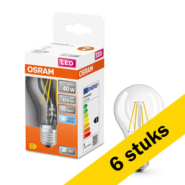 Osram Aanbieding: 6x Osram LED lamp E27 | Peer A60 | Filament | Helder | 4000K | 4W (40W)  LOS00075 - 1