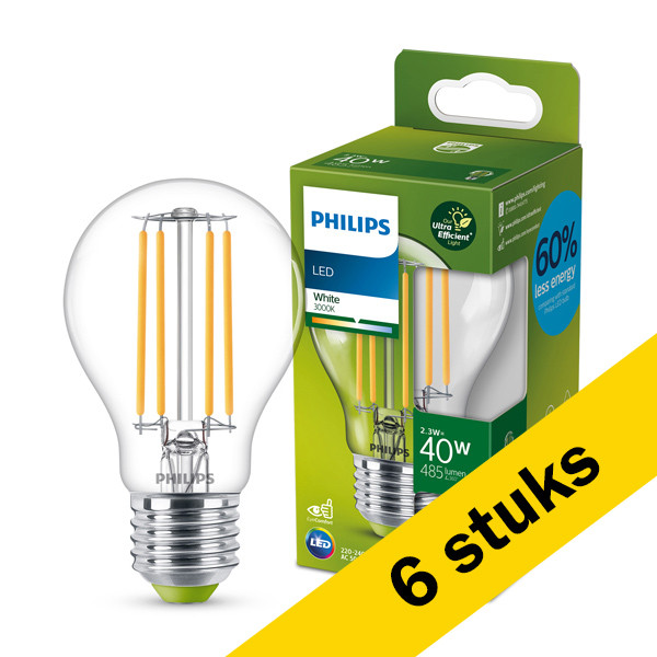 Aanbieding: 6x Philips LED lamp Efficient Peer A60 | Filament | 3000K | 2.3W (40W) Signify 123led.nl