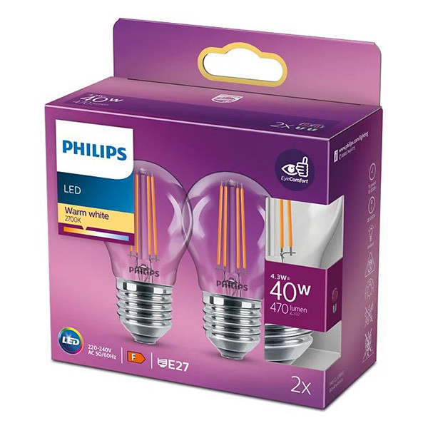 Signify Philips LED lamp E27 | Kogel P45 | Filament | 2700K | Helder | 4.3W (40W) | 2 stuks  LPH02376 - 1