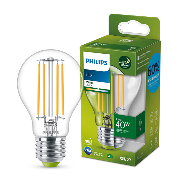 Lol Associëren Overtreden Philips LED lamp E27 | Ultra Efficient | Peer A60 | Filament | 3000K | 2.3W  (40W) Signify 123led.nl