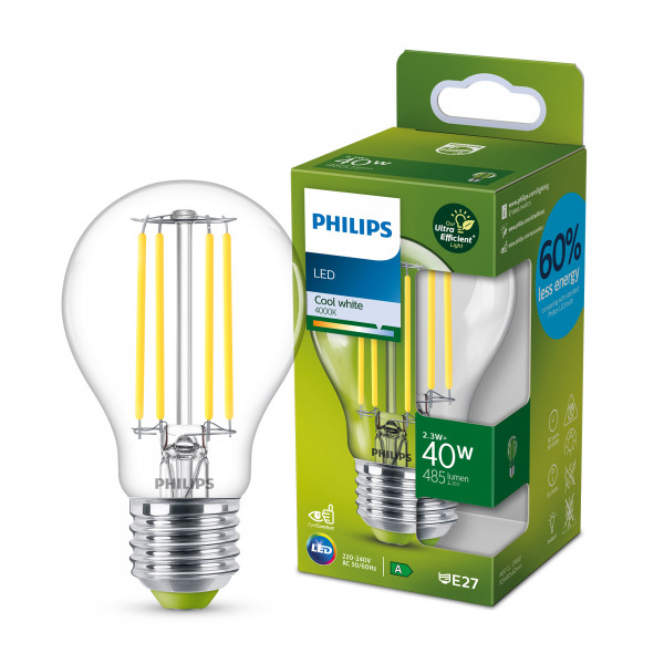 Philips LED lamp | Ultra Efficient | Peer A60 | Filament | 4000K 2.3W (40W) Signify 123led.nl