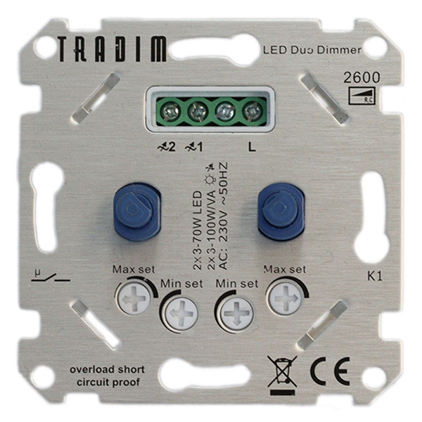 dimmer 2x 3-100W | Fase afsnijding (RC) | Tradim, 2600 123led.nl